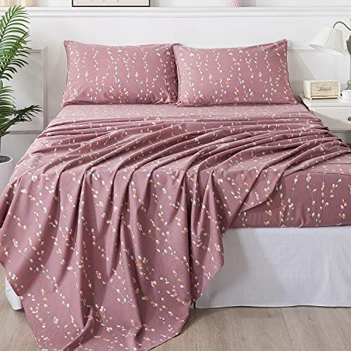 Fadfay California King Pink Printed Sheet Set 100% Brushed Cotton Floral Bed Sheets Luxurious Cherry Blossom/Branches Pattern 600Tc Warm Soft Deep Pocket Fitted Sheets Set, 4 Pieces #TOP3