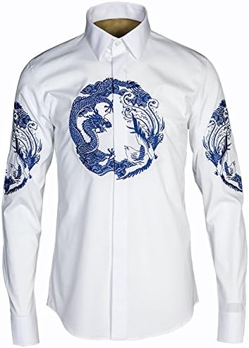KunZhangThe Tide Men Go To The Show, The Embroidered Embroidery Of Dragon And Phoenix, The Man Of Long Sleeved Shirt, The Fashion Trend Of The Shirt,L/42 (140-155 Jin),White