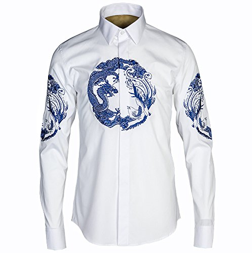 KunZhangThe Tide Men Go To The Show, The Embroidered Embroidery Of Dragon And Phoenix, The Man Of Long Sleeved Shirt, The Fashion Trend Of The Shirt,L/42 (140-155 Jin),White