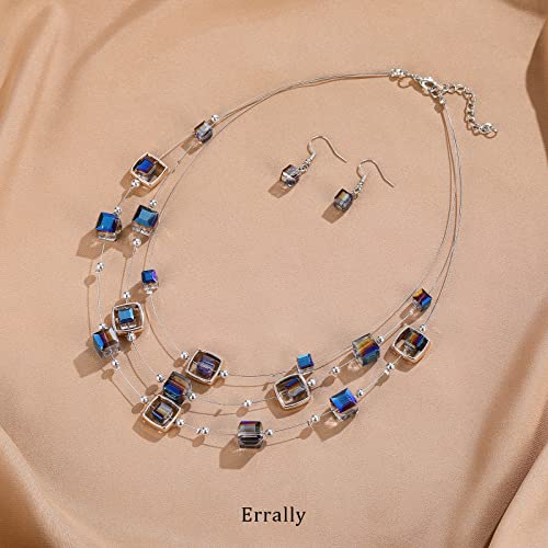 Layered Silver Beaded Necklace For Women Square Crystal Beads Statement Collar Necklace And Earrings Fashion Costumes Jewelry Sets For Women(Blue) #TOP1