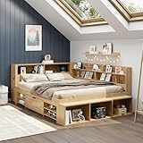 Merax Stylish 4FT6 Bed Frame with Drawers, Bookcase and Storage Cupboard, Multifunctional Double Bed with Storage, Wooden Double Bed Frame, Children's Bed, Slatted Frame, Natural Color, 135x190cm