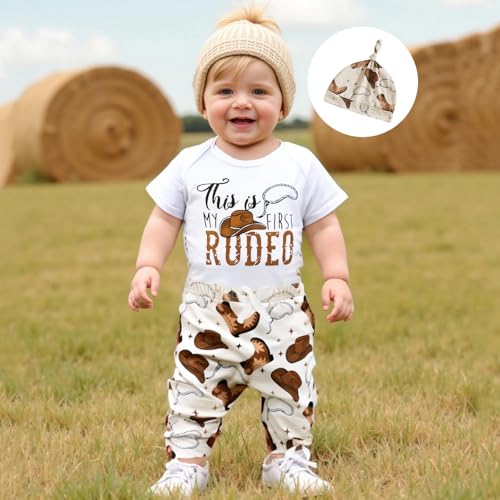 My First Rodeo Outfit Western Baby Boy 1st Birthday Clothes Short Sleeve Romper Pants Hat Set Newborn Cowboy Outfits4
