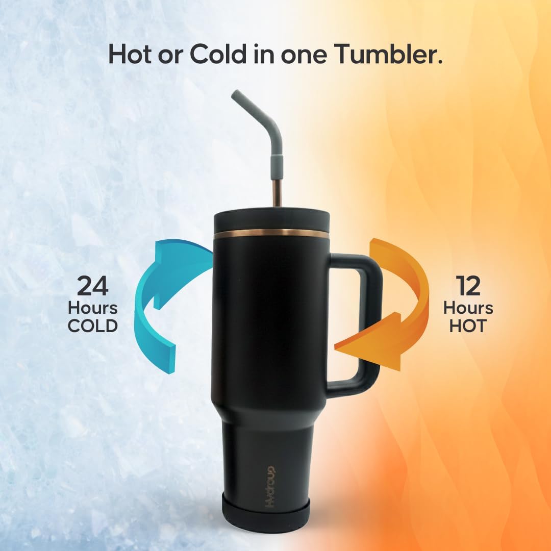 40oz Travel Tumbler Cup with Handle, Two-Way Slider Lid, Stainless Steel Straw with Silicone Tip, Vacuum Insulated Water Bottle for Hot & Cold Drinks, Great Gifts for Mom (Black Gold) - Image 4