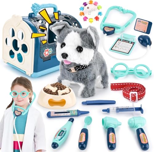 TOSUTO Electrónico Perrito Juguete Ladra y Anda con Jaula,Juego de Roles Regalo de Cumpleaños para Niños,Peluche Animales Perro Robot Interactivo Juguete Niña 2 5 Años Regalo Cumpleaños Navidad   Azul
