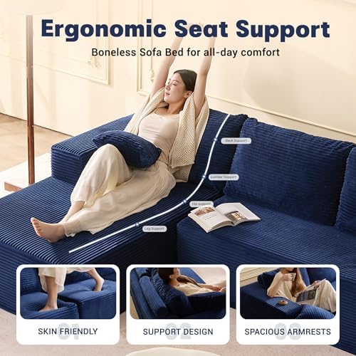 EJC 107 Inches Boneless Couch, Sofa Bed Couch for Living Room with Memory Foam, L Shaped-Left, Corduroy, Blue - 3