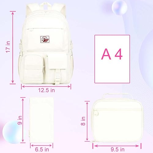 Vista 4 de KLFVB Mochila de 3 piezas para niñas, bonita bolsa de libros estética de 15.6 pulgadas, resistente al agua, bolsa escolar universitaria