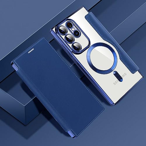 Étui en cuir pour Samsung S23 Ultra finition luxe bleu et dos transparent