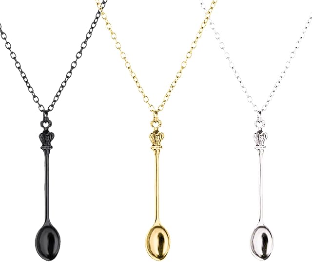 QCZJ 3Pcs Spoon Necklaces Set,Spoon Pendant Necklace Antique Mini Crown Spoon Necklace Charms Spoon Necklace Adjustable Mini Tea Spoon Pendant Spoon Necklace Chain Women Girls Jewellery Accessory