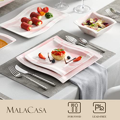 Image of MALACASA Plates and Bowls Sets, 26 Pieces Pink Dinnerware Sets for 6, Porcelain Dinnerware Set with Dinner Plates and Bowls, Serving Platters, Square Dishware Sets, Modern Dish Set, Series Flora