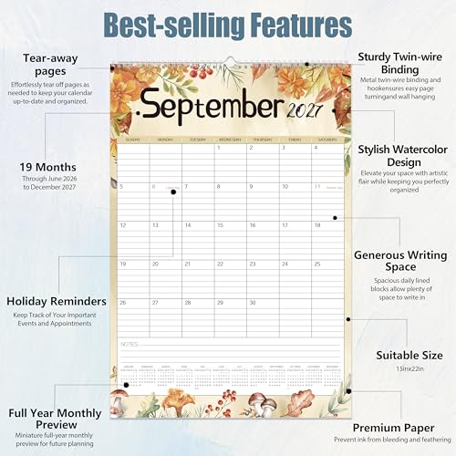 Image of GuassLee Large Wall Calendar 2026-2027,19-Month Vertical Wall Calendar Runs from Jun. 2026 to Dec. 2027, 22 inchx15 inch Hanging Monthly Planner with Thick Paper Watercolor Design for Easy Organizing