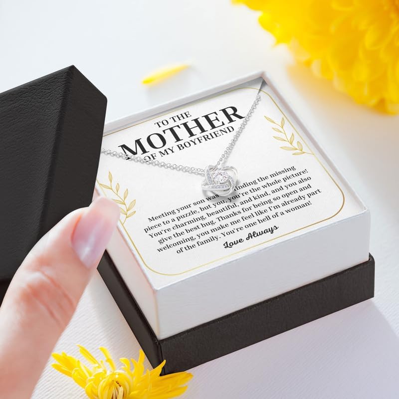 To My Boyfriend's Mom Necklace Message Card Box Love Knot Silver Standard - Meeting Your Son Was Like - Relationship Jewelry Aunt Stepmother Valentine