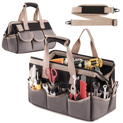 FewNvWa 15-Inch Heavy Duty Tool Bag - 32-Pocket Wide Mouth Tool Tote Organizer Storage, Portable Electrician Open Top Tool Bags with Large Zipper, Adjustable Shoulder Strap, Gift for Mechanic HVAC