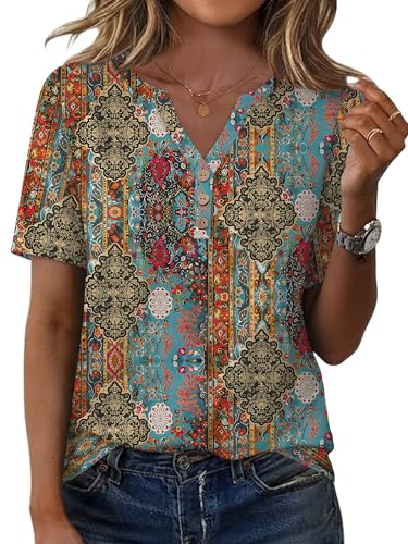 Boho Tops for Women Blouses Dressy Casual Short Sleeve Shirts Button Dowen V Neck T Shirts Plus Size Spring Clothes for Women Summer Outfits 3XL