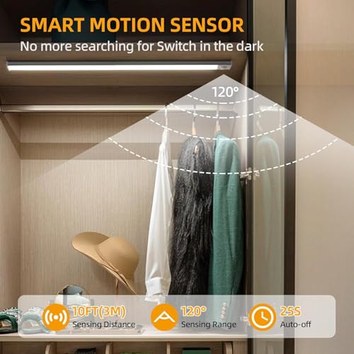 Image of ELLEVE- 20CM Rechargeable Under Motion Sensor LED Light for Wardrobe, Closet, Cabinet, Kitchen, Stairs, Drawer, Shelf, Garage, 3 Color Modes, Dimming, Wireless Magnetic Indoor Lights (Pack of 4)