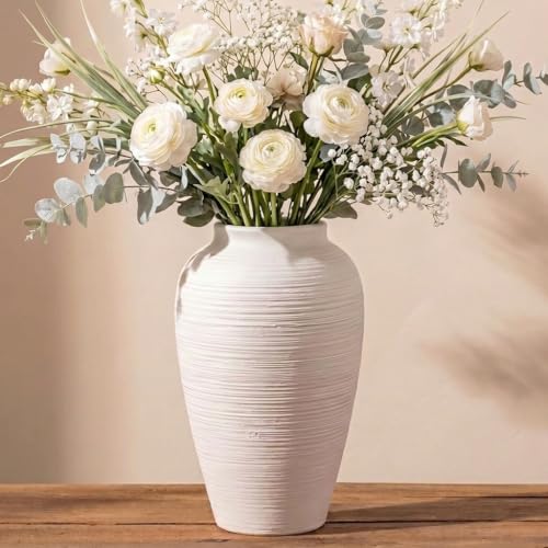 Off-White 10” Ceramic Vase for Home Decor, Farmhouse & Boho Decorative Pottery Vase for Table Centerpiece, Mantel, Shelf, Living Room, Kitchen, and Entryway (White Ribbed - 10" Medium)