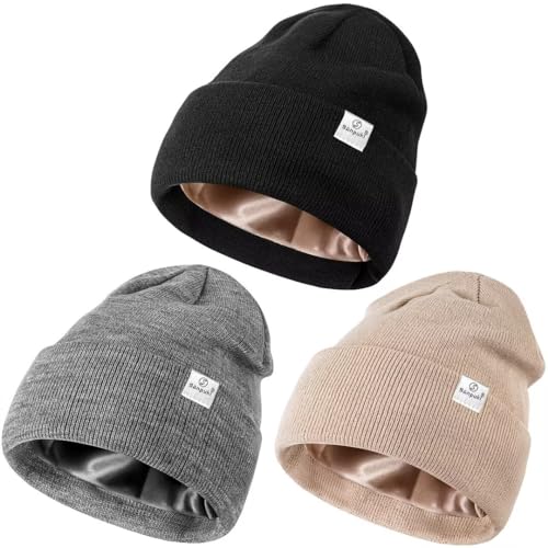 SENPUKI 3 Pack Satin Lined Winter Beanie Hats for Women Men,Silk Lined Beanie Knit Soft Warm Cuffed Hat(Black+Light Gray+Beige)