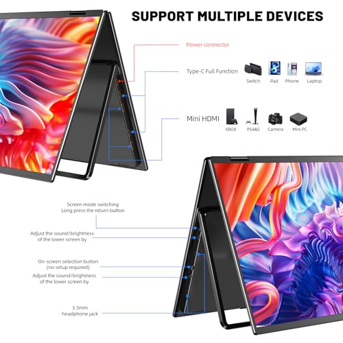 Image of Portable Monitor Dual 15.6 Inch 1080P Dual Stacked Foldable Screen Monitor, USB-C HDMI Travel Monitor for Laptop Mac Windows, Screen Extender with Kickstand, VESA Mountable