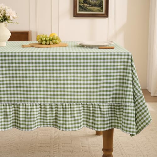 Romanstile Gingham Ruffled Tablecloth Rectangle - Waterproof Linen Cotton Checkered Table Cloth Outdoor Plaid Table Cover for Picnic Camping Party - 60 x 84 Inch Sage Green