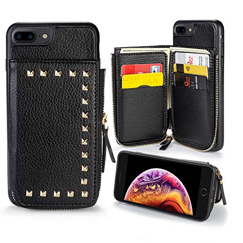 ZVE iPhone 8 Plus Wallet Case iPhone 7 Plus Case with Credit Card Holder Slot Leather Wallet Shockproof Protective Zipper Pocket Purse Handbag Case for Apple iPhone 7 Plus/8 Plus (2017) - Black