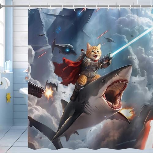 Image of Funny Shower Curtain, Hilarious Cool Cat Riding Shark Ocean Wave Shower Curtains for Bathroom, Funny Kids Boy Fabric Bathroom Accessories Decor Curtain, with Hooks 72x84 Inch