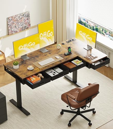 Bild 1 - OffiGo Eckschreibtisch Höhenverstellbar, 160x80 cm Höhenverstellbarer Schreibtisch mit 4 Schublade, Elektrischer Tisch L Form mit Steckdose für Büro und Arbeitszimmer, Groß Ecktisch Vintage Braun