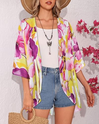 Image of Women's Floral Print Puff Sleeve Kimono Cardigan Loose Cover Up Casual Blouse Tops 2026