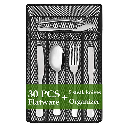 Silverware Set, 30-Piece Silverware Set with Organizer Tray for 5, Stainless Steel Flatware Cutlery Set For Home Kitchen Restaurant Hotel, Including Steak Knives, Mirror Polished, Dishwasher Safe