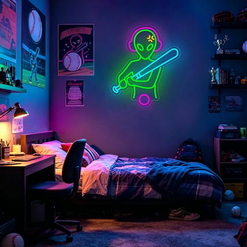 Image of Baseball Neon Sign LED Wall Decor, Dimmable USB Powered Sports Neon Light for Bedroom, Man Cave & Dorm, Multicolor Baseball Neon Sign, Unique Gift for Men, Boys & Baseball Fans