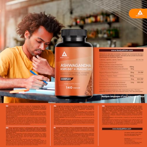 Ashwagandha KSM-66 + Magnesio Complex - Ansia E Stress | Più Riposo, Benessere Mentale E Fisico – Alto Dosaggio 5% Withanolidi- Vitamina B6+ Zinco+ L-Teanina - Vegano - Senza Glutine - 140 Capsule - 5