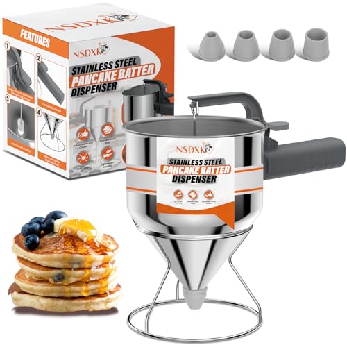 NSDXK 40oz Pancake Batter Dispenser, Stainless Steel Cake Dispenser with Stand, Great for Pancakes, Cupcake, Waffle or Any Baked Goods, Durable, Leak-Free