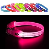 Wiederaufladbares LED-Welpenhalsband, YFbrite LED-Katzenhalsband, Bequem Leuchtende Welpenhalsbänder, Verstellbares Reflektierendes Welpen-Gehlichthalsband für Sicherheit (Rosa, XS)