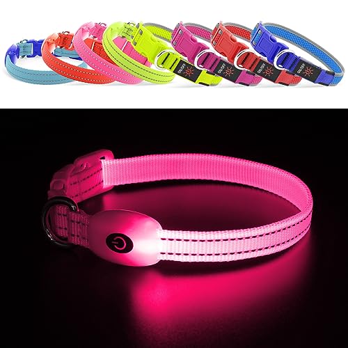 Wiederaufladbares LED-Welpenhalsband, YFbrite LED-Katzenhalsband, Bequem Leuchtende Welpenhalsbänder, Verstellbares Reflektierendes Welpen-Gehlichthalsband für Sicherheit (Rosa, XS)
