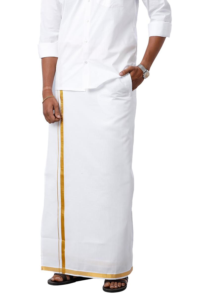 uathayam Velcro cotton Solid adjustable Gold Jari Border Pocket White Dhoti For Men Pack Of 1-picture-22