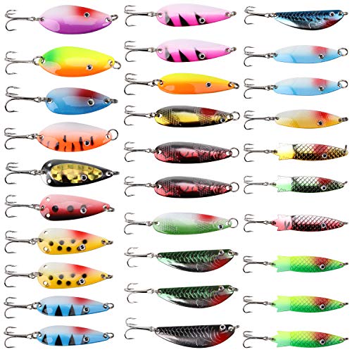 Fishing Spoons Metal Lures Kit, 30Pcs Assorted Fishing Spinner Baits Fishing Spoon Lures With Treble Hooks Casting Trolling Spoon Lures For Bass Trout Salmon #TOP5