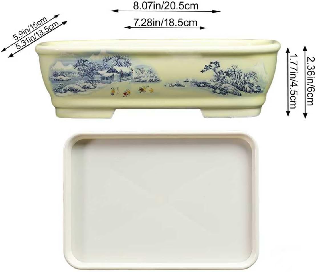 Bonsai Pots & Ceramic Planters with Drainage Tray, 8 Inch Shallow Rectangular Planter in Blue and White for Indoor-Outdoor Succulents & Bonsai Tree, Home & Office Tabletop Decor Gift