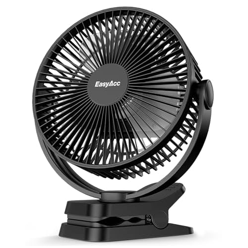 EasyAcc 10000mAh Clip Ventilator, bis zu 37 Stunden 20cm Camping ventilator mit Powerbank Batterie Ventilator Grow – 5 Geschwindigkeiten,LED Anzeige, 360° Haken und- für Camping, Growbox, Kinderwagen