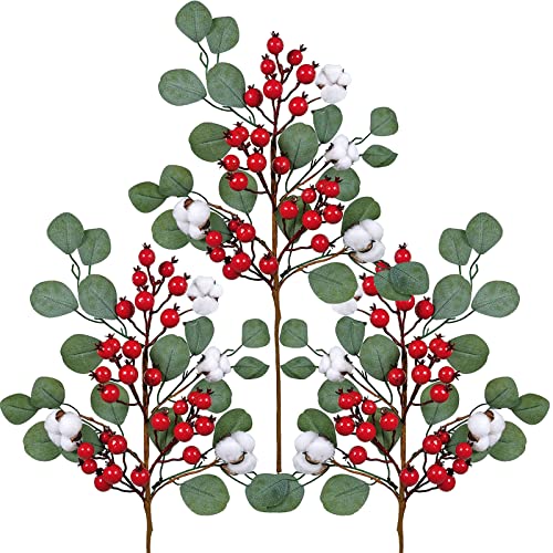 Lot de 3 tiges de baies rouges artificielles et feuilles d'eucalyptus avec boules de coton - 60 cm de haut - Décoration de Noël Cover