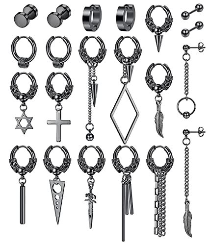 Fiasaso 21Pcs Cross Dangle Earring Set For Men Women Stainless Steel Jewelry Feather Cross Chain Dangle Earrings Stud Blcak, Sliver #TOP5