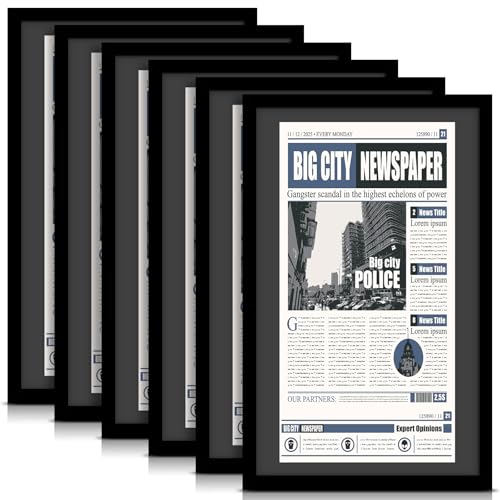 DoubleFill 14x24 Newspaper Frame with Mat, Displays 11x22 Newspaper, Wall Hanging Picture Poster Frame for Media Article Document(Black Mat,6 Pcs)