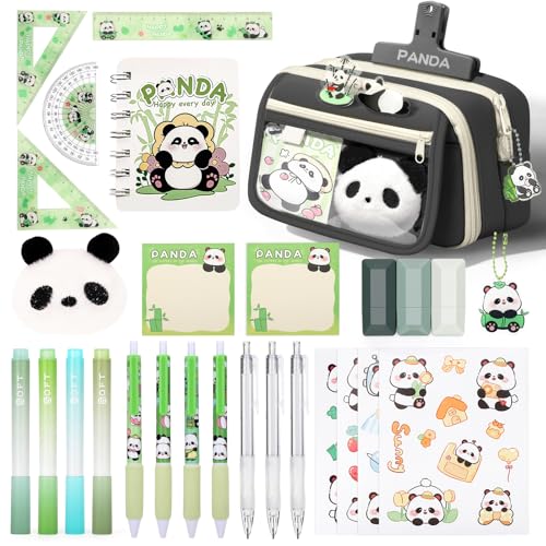 KOSTACHI Estuche Escolar Panda con Papelería Kawaii, Material Escolar con Estuche Panda, Subrayadores, Boligrafos Gel Panda & Reglas, Set Papelería Panda para Regalos para Niñas & Niños, Negro