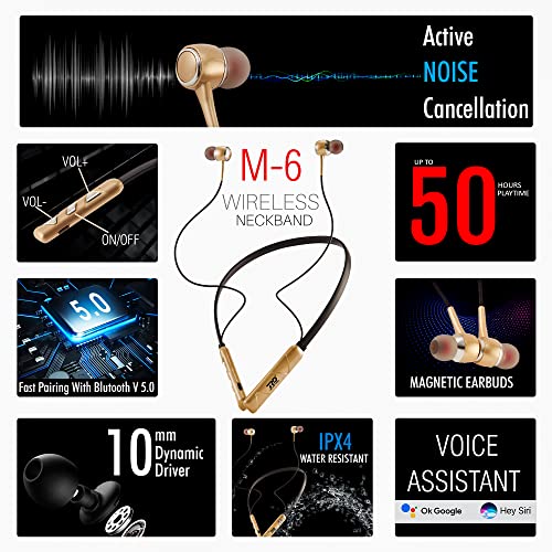 Image of RD M6 Wireless Bluetooth Neckband | 10mm Dynamic Drivers | 50H Playtime | Bluetooth v5.0 | ENC Noise Cancellation | Dual Mic | IPX4 Water Resistant | Smart Voice Assistance | Gold