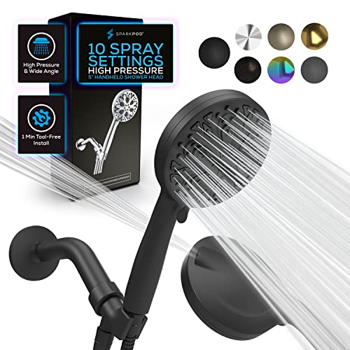 Sparkpod 10 Spray Setting Shower Head With Handheld - Luxury 5" High Flow Hand Held Shower Head With High Pressure Jets, Premium Stainless Steel 6Ft. Hose & Bracket (Midnight Black Matte) #TOP5