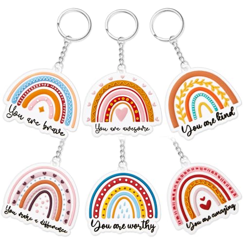 Ecally 6 Pcs Teacher's Day Keychain Appreciation Gift Rainbow Keychain Bulk with Inspirational Quote Boho Thank You Gift
