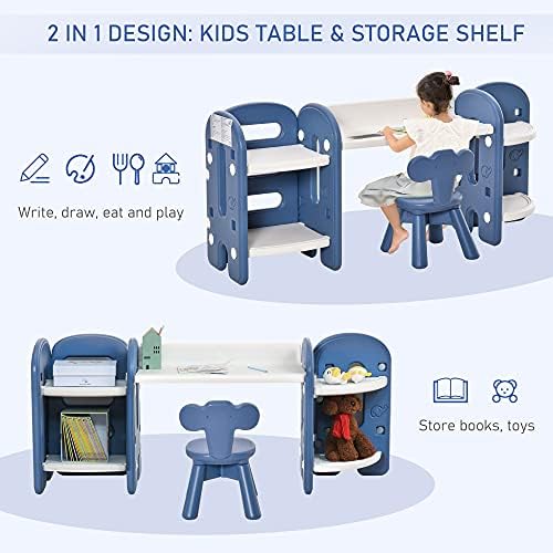 HOMCOM Kids Table and Chair Set Play Table with Storage Children Toddler Playroom Bedroom Furniture PE Blue and white for 1-4 years