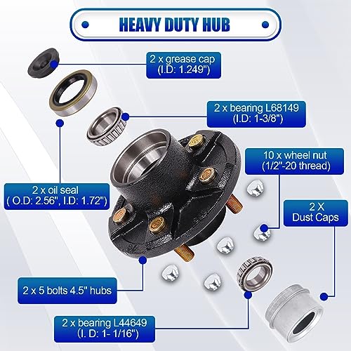 YEOPGYEON 2-Pack 5 on 4.5 Trailer Hub Kit for 3500 lbs Axles, Pre-Installed Races with 1-3/8" & 1-1/16" Bearings, Rust-Resistant Wheel Hub Assembly for Boat Utility Trailers and Long Hauls by YEOPGYEON - Image 5