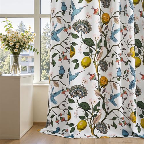 Image of White Kitchen Tier Curtains 36 Inches Long,Botanical Floral Lemon & Hummingbird Pinch Pleated Half Window Drapes Room Darkening for Kitchen RV Cafe Basement Bathroom Dining Room,2 Panels