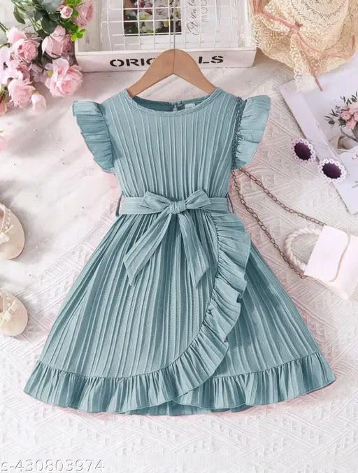 Image of Baby Girls Designer Dress | Pleated A-Line Dress with Ruffle Sleeves & Waist Tie | Birthday