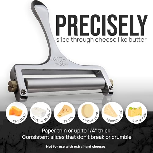 Image of Zulay Kitchen Stainless Steel Wire Cheese Slicer - Adjustable Hand Held Cheese Cutter with 2 Extra Wires - Premium Cheese Shaver For Mozzarella, Cheddar, Gruyere - Cheese Cutter with Wire (Gunmetal)