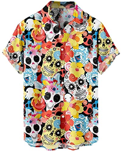 Silver Basic Camisa Hawaiana para Hombre Calaveras Camisa de Playa de Manga Corta con Botones Camisas Casual de Verano XL,Colourful-3