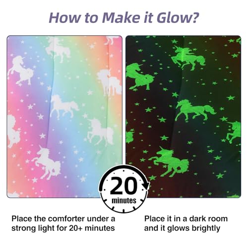 Image of Meeting Story Full Size Zipper Bedding, Glow in the Dark Girl Twin Bedding Sets,3 Pcs Unicorn Comforter Bed in a Bag with Fitted Sheet and 2 Pcs Pillowcases(Yellowpink,Full)